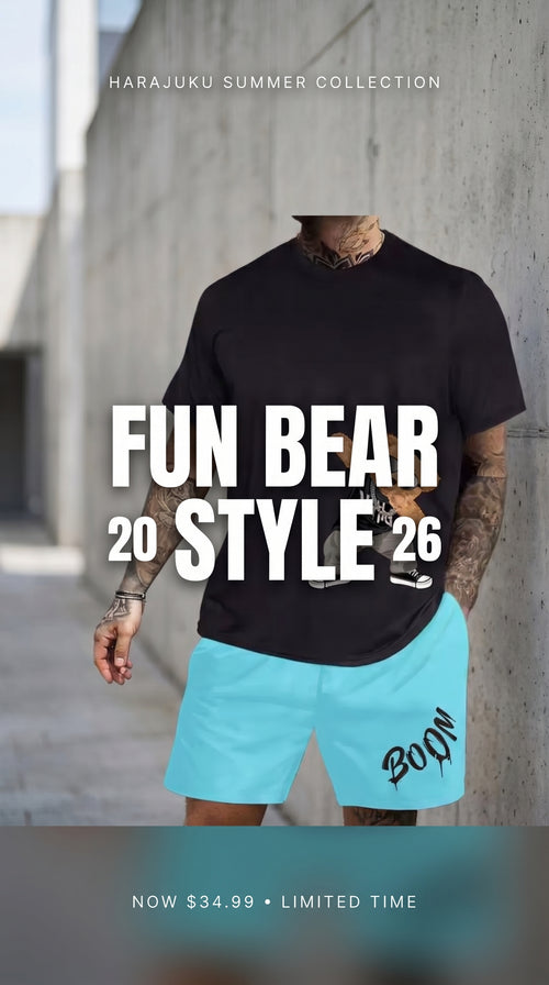 2026 Fun Bear Harajuku T-Shirt Summer Loose Two Piece Summer Suit